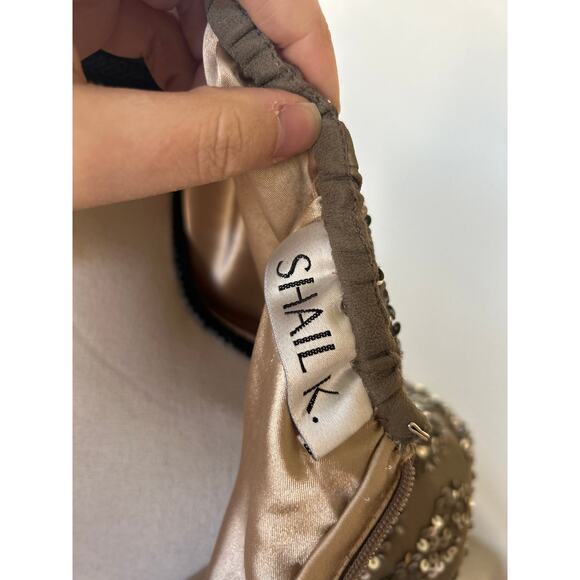 Vintage 90s NWT Shail K Taupe Silk Sequin Sweetheart Mini Dress - Picture 8 of 9